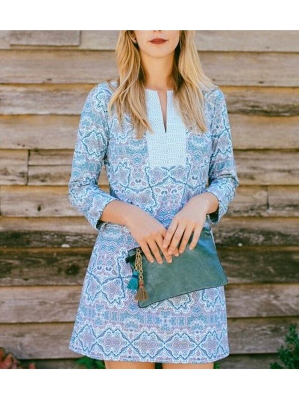 Cabana Life Beachy Geometric Print Long Sleeve Tunic Dress Cover Up UPF 50 Sz XL